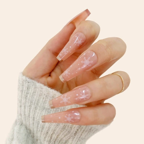 Unghie Finte Lunghe Forma Bara Sfumatura Rosa Nude Fiocco Neve Bianco Natale Inverno French Bordo Dorato Lucido Manicure