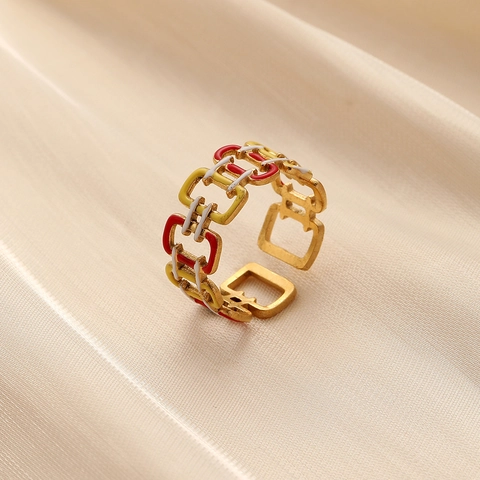 Hohle Quadratische Kette Offener Ring Edelstahl Buntes Emaille Verstellbarer Geometrischer Schmuck Für Frauen
