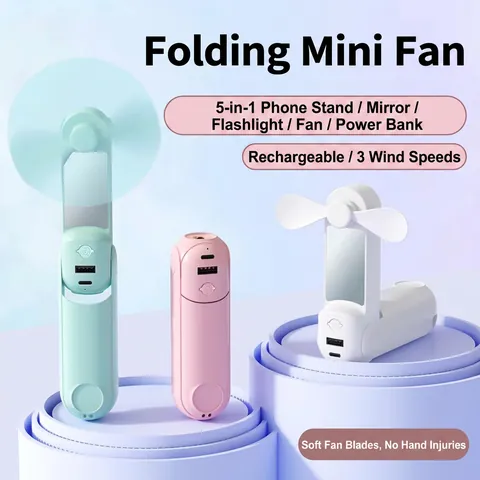 Mini Ventilatore Portatile ABS TPE Pieghevole Multifunzione USB Ricaricabile Power Bank Torcia Specchio Supporto Telefono Portatile