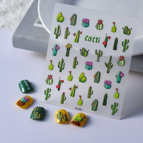 Adesivi Unghie 5D Rilievo Cactus Piante Succulente Autoadesivo Decorazione Manicure Foglie Verdi DIY