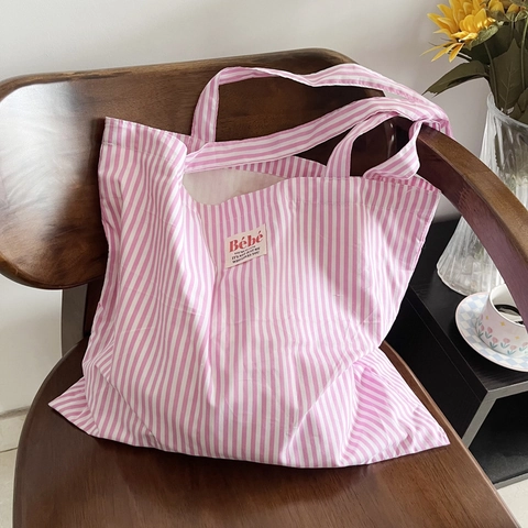 Borsa Tote In Tela Di Cotone A Righe Grande Capacità Leggera Stile Francese Borsa A Tracolla Per Donna