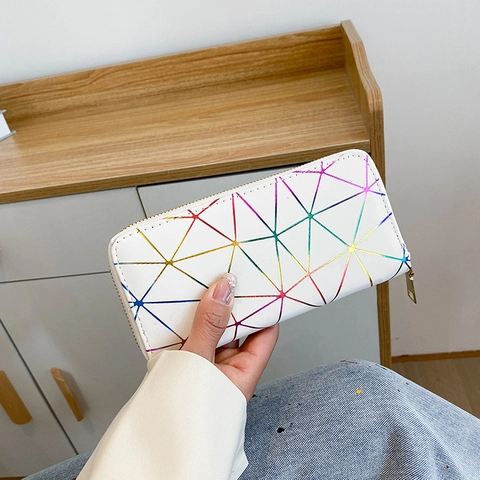 Portafoglio Lungo Da Donna Pelle PU Motivo Triangolo Geometrico Linea Laser Arcobaleno Cerniera Pochette Moda