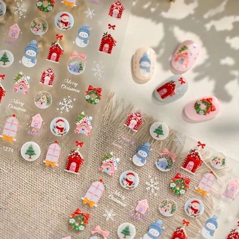 Autocollants Pour Ongles De Noël Relief 3D Flocon De Neige Bonhomme De Neige Maison De Pain D'épices Décalcomanies Décoration