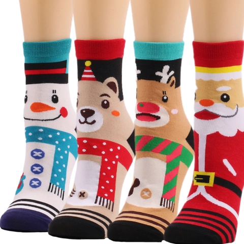 Christmas Crew Socks Polyester Cotton Blend Festive Snowman Reindeer Santa Claus Patterns Mid Tube Casual For Adult