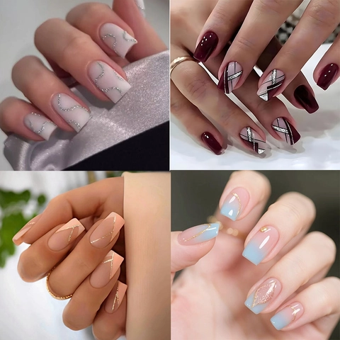 ABS Plastic French Minimalist Press On Nails For Women Medium Long Square False Nails With Glitter Lines Fashion Manicure Tool