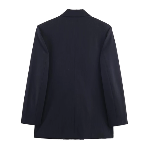 Women Blazer Pinstripe Double Breasted Peak Lapel Polyester Office Business Casual Long Sleeve Fashion Jacket Coat