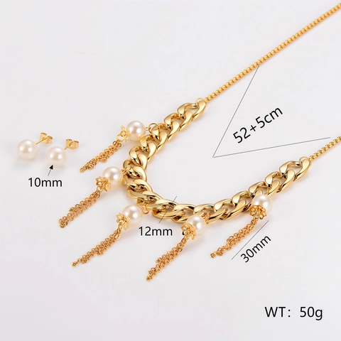 Gioielli Eleganti In Acciaio Inossidabile Placcato Oro Collana A Catena Cubana Ciondolo Perla Artificial Nappa Orecchini Per Donna