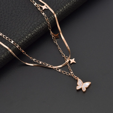 Women Titanium Steel Double Layer Necklace With Shell Butterfly Pendant And Star Charms Snake Chain Fashion Jewelry