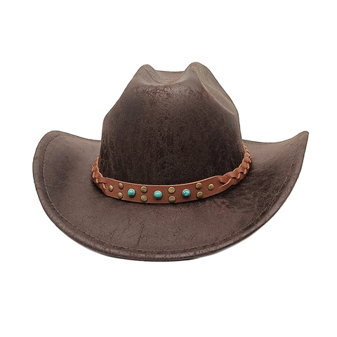 Western Cowboy Hat Vintage Polyester Felt Wide Brim With Turquoise Rivet Band Sun Protection Ethnic Style For Men Women
