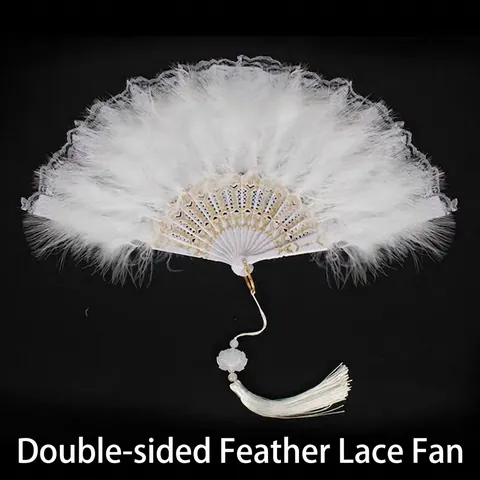 Vintage Feather Folding Hand Fan With Lace Tassel Gold Carved Bone Elegant Decorative Fan For Wedding Party Performance