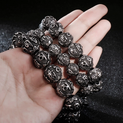 Men Retro Stainless Steel Beaded Bracelet Mantra Script Buddhist Hand Woven Rope Jewelry With Bell Charms