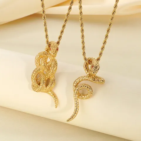 Stainless Steel Snake Pendant Necklace Gold Plated Red Gemstone Eyes Serpent Twisted Rope Chain Punk Hip Hop Jewelry