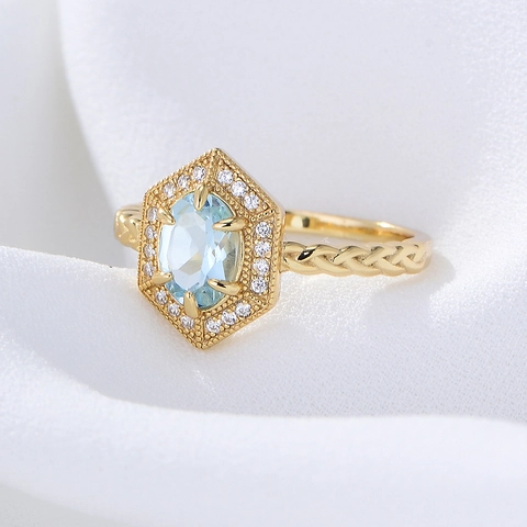Vintage 925 Sterling Silver Hexagon Halo Ring Sky Blue Topaz Oval Gemstone Woven Band Gold Plated Rhinestone Statement Ring For Women Jewelry Gift