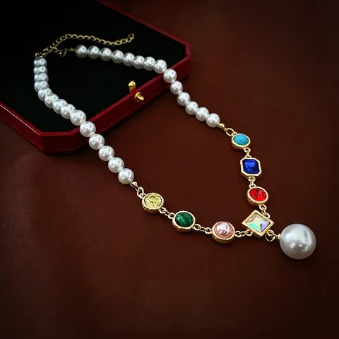 Vintage Künstliche Perlenhalskette Bunter Kristall Legierung Geometrische Choker Retro Mittelalterlicher Stil Schmuck Für Frauen