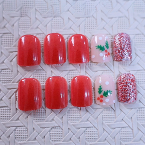 Christmas Press On Nails Short Square Red Glitter Holly Berry Leaf Pattern ABS Plastic Glossy Artificial Fingernails Women