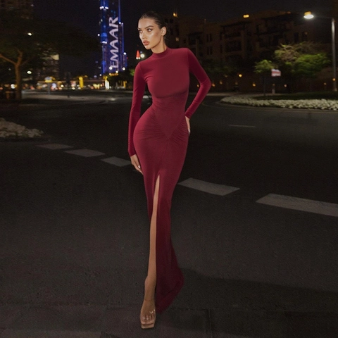 Damen Langarm Stehkragen Geripptes Maxi Kleid Schmale Passform Hoher Schlitz Elegant Sexy Strick Abendparty Kleid