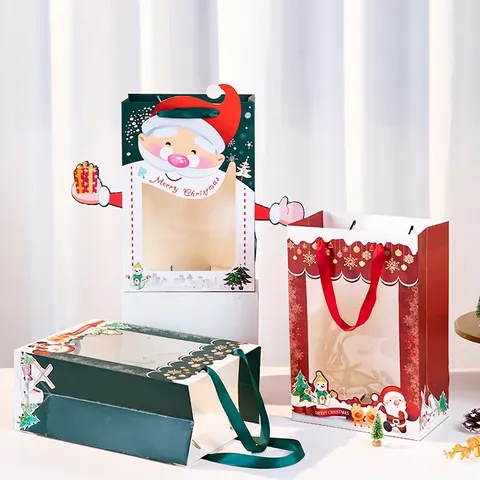 Sac Cadeau De Noël En Papier Avec Fenêtre Transparente Poignée Ruban Père Noël Bonhomme De Neige Motif Festif