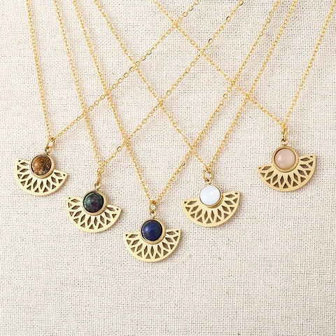 Fan Shaped Pendant Necklace Stainless Steel Inlaid Natural Stone Geometric Hollow Jewelry For Women Bohemian Style
