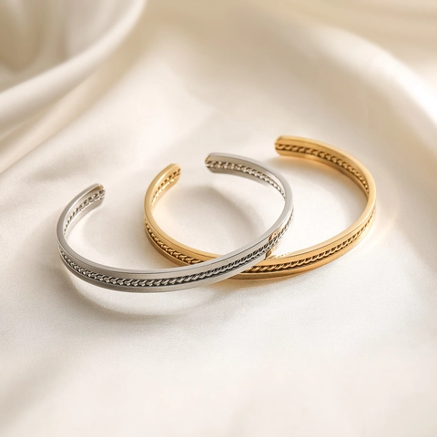 Bracelet Jonc Ouvert Vintage Acier Inoxydable Plaqué Or 18K Corde Torsadée Tressée Minimaliste Bijoux Pour Femmes