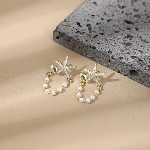 Starfish Shell Artificial Pearl Earrings Alloy Rhinestone Nautical Beach Vacation Jewelry Bohemian Elegant Accessories For Women