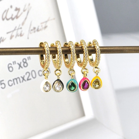 Orecchini A Cerchio A Goccia D Acqua Con Perno In Argento Sterling 925 Rame Placcato Oro Zirconia Colorata Smalto Retrò