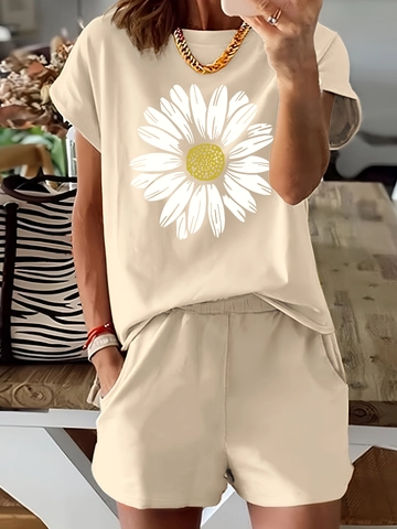 T-Shirt E Pantaloncini Estivi Da Donna Stampa Margherite Girocollo Manica Corta Poliestere Spandex Casual Loungewear Comoda