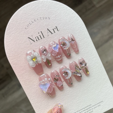 Press On Nails 3D Rhinestones Artificial Pearl Moon Bow Heart Charms Translucent Pink Glitter Handmade Sweet Y2K Style
