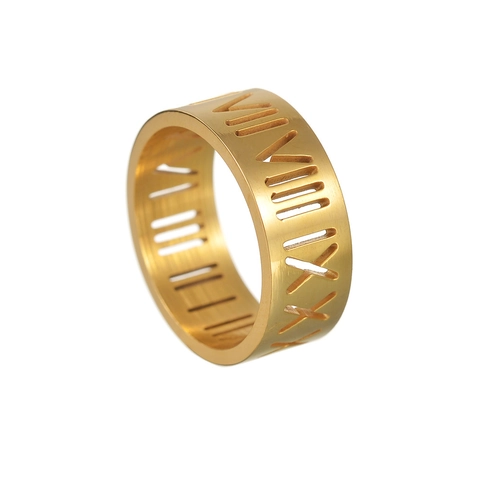 Anillo de Banda Ancho de Acero de Titanio con Números Romanos Huecos para Hombres Mujeres Estilo Industrial Vintage Galvanizado