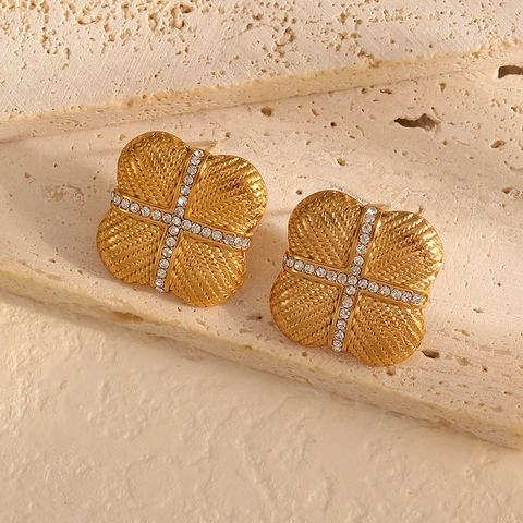 Retro Square Clover Stud Earrings 18K Gold Plated Stainless Steel Lattice Texture Braided With Cross Zircon For Women