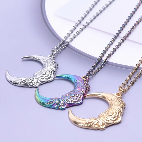 Collana con Pendente a Mezzaluna con Rosa in Acciaio Inossidabile per Donna Gioielli alla Moda Toni Arcobaleno Oro Argento Regali