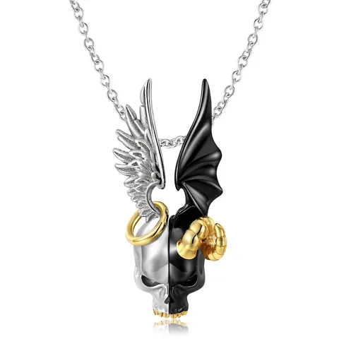 Collana Con Ciondolo Teschio Angelo Diavolo In Argento Sterling 925 Doppia Faccia Gotico Punk Ali Gioielli Per Uomo Donna