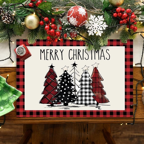 Christmas Placemat Polyester Heat Resistant Table Mat Buffalo Plaid Christmas Tree Print Holiday Dining Decor