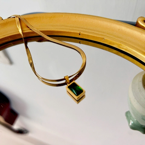 Collana A Catena Spina Di Pesce In Acciaio Inossidabile Con Ciondolo In Zircone Verde Smeraldo Rettangolare Da Donna Stile Vintage