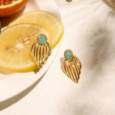 Vintage Blatt Feder Ohrhänger 18K Vergoldeter Edelstahl Mit Blauem Stein Schmuck Für Damen