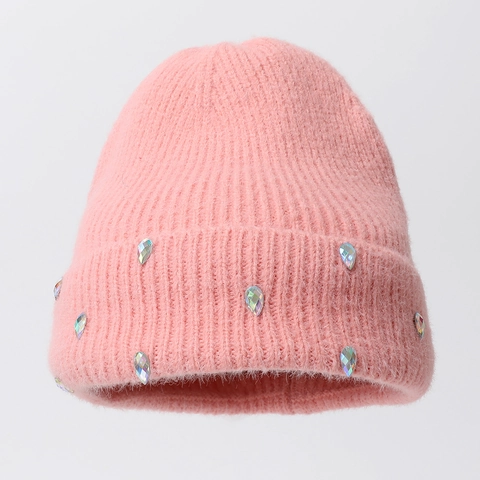Gorro De Punto Para Mujer Felpa Suave Cálido Elástico Con Pedrería De Colores En Forma De Lágrima Invierno Color Sólido Elegante