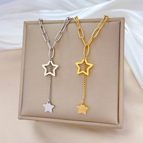 Edelstahl Stern Anhänger Halskette Damen Y-Form Quaste Büroklammer Kette Minimalistisch Trendy Schlüsselbein Schmuck
