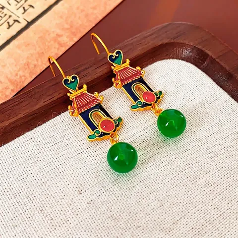 Dangle Drop Earrings With Enamel Palace Pavilion Design Copper Resin Bead And Silver Earring Post Vintage Neo-Chinese Style