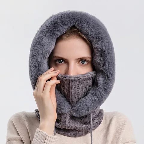 Winter Integrierter Schal Mit Kapuze Strickmütze Kunstpelzbesatz Thermisch Winddicht Gesichtsmaske Balaclava Ski Für Damen