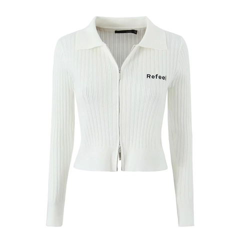 Women Ribbed Knitted Cropped Cardigan Long Sleeve Polo Neck Slim Fit Double Zipper Sweater Top Letter Embroidery