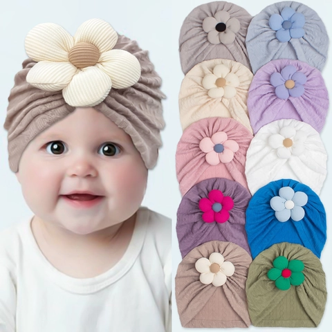 Baby Flower Turban Hat Soft Ribbed Knit Headwrap For Newborn Infant Toddler Solid Color Soft Warm Beanie Hat
