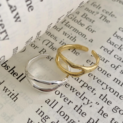 Anello Doppia Linea Irregolare Minimalista Argento Sterling 925 Onda Aperto Regolabile Gioielli Geometrici