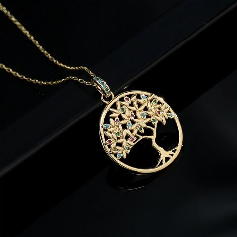 Collana Pendente Albero Della Vita Rame Placcato Oro 18K Zirconi Colorati Gioielli Per Donna Elegante