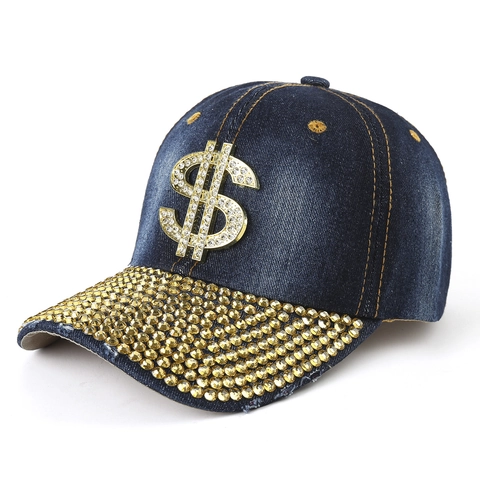 Casquette De Baseball En Jean Lavé Signe Dollar Strass Hip Hop Luxe Protection Solaire Réglable Pour Hommes Femmes