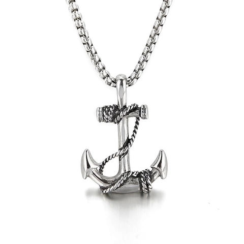 Men Anchor Pendant Necklace Stainless Steel Nautical Sailor Rope Wrapped Punk Rock Vintage Style Jewelry Box Chain