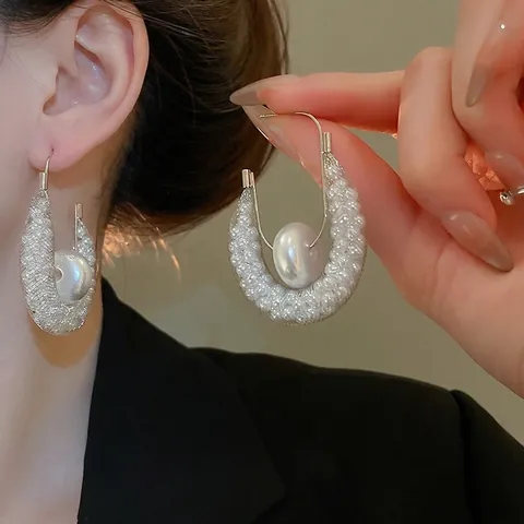 U-Förmige Creolen Aus Mesh Mit Eingewickelten Künstliche Perlen Luxus Chic Schmuck Für Damen Mit Silver Earring Post