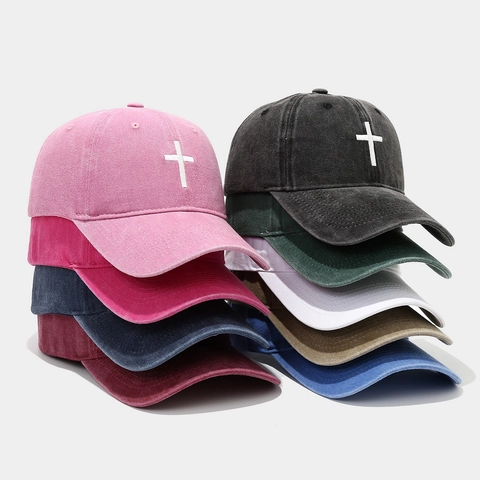 Cappello Da Baseball In Cotone Lavato Consumato Ricamo Croce Retro Regolabile Cappello Da Sole All Aperto