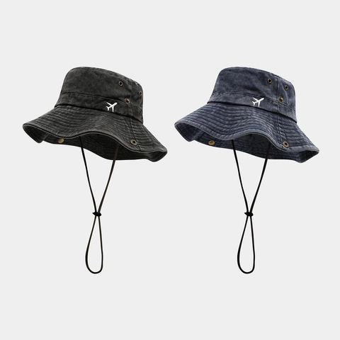 Chapeau Bob En Coton Lavé Avec Broderie Avion Vintage Protection Solaire Extérieur Avec Cordon Réglable