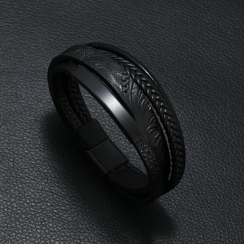 Bracciale In Pelle Multistrato Uomo Retro Punk Chiusura Magnetica Lega Catena In Metallo Stampa A Righe Gioielli Di Moda Regalo