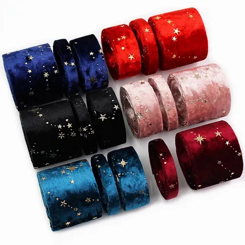 Gold Stamping Star Velvet Ribbon For DIY Hair Accessories Gift Wrapping Party Wedding Decor Craft Material