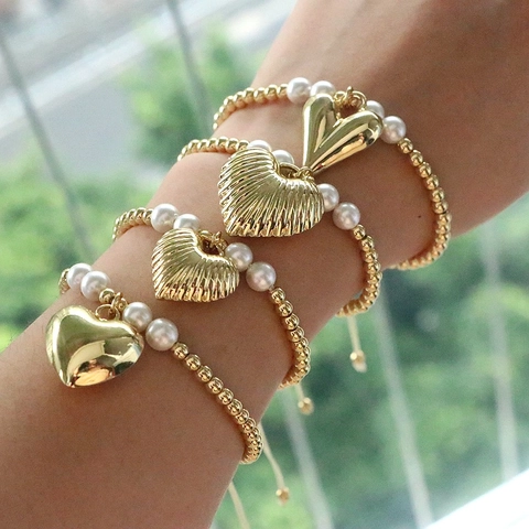 Retro Künstliche Perlenarmband Herzanhänger 18K Vergoldetes Kupfer Muschelperle Verstellbar Handgewebt Für Frauen